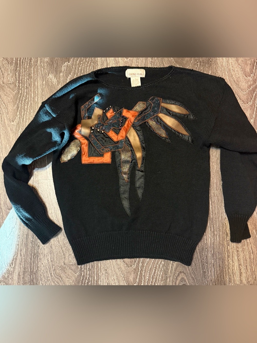 Vintage 80s Courtney Blake Black Mixed Media Appliqué Beaded Art Knit Sweater L
